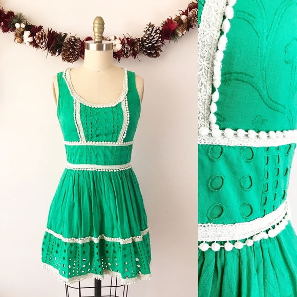 Forever 21 Dresses & Skirts - Forever 21 Green Eyelet & Pom Pom Dress Sleeveless